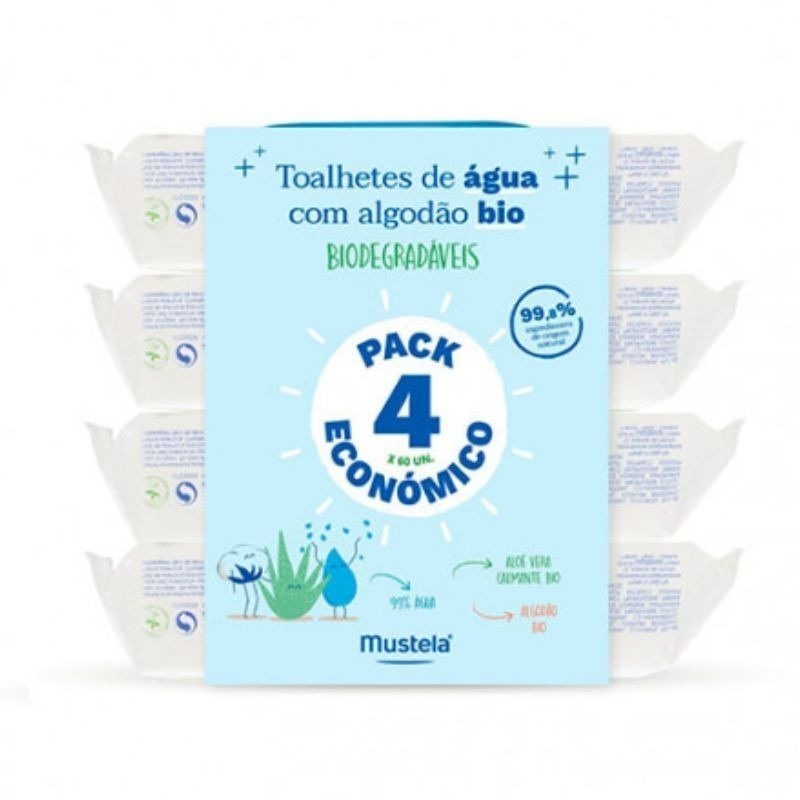 Mustela Bebé Toalhetes de Água com Algodão Bio 4 X 60 Unidades