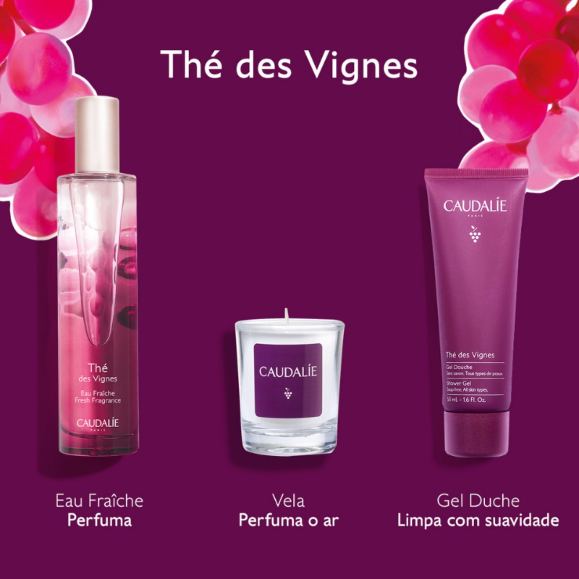 Caudalie Thé des Vignes Água Fresca 50 ml + Vela + Gel de Banho 50 ml (Set)