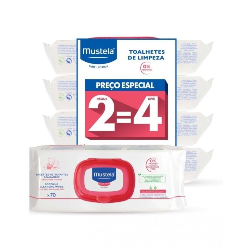 Mustela Bebé Muda da Fralda Toalhetes de Limpeza Sem Perfume 4 X 70 Toalhetes (Oferta 2 Unidades)